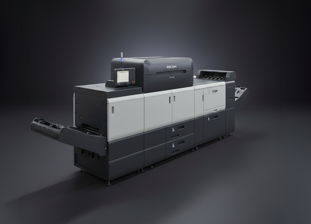 Varios insumos de impresión organizados en estanterías de almacén bien iluminado