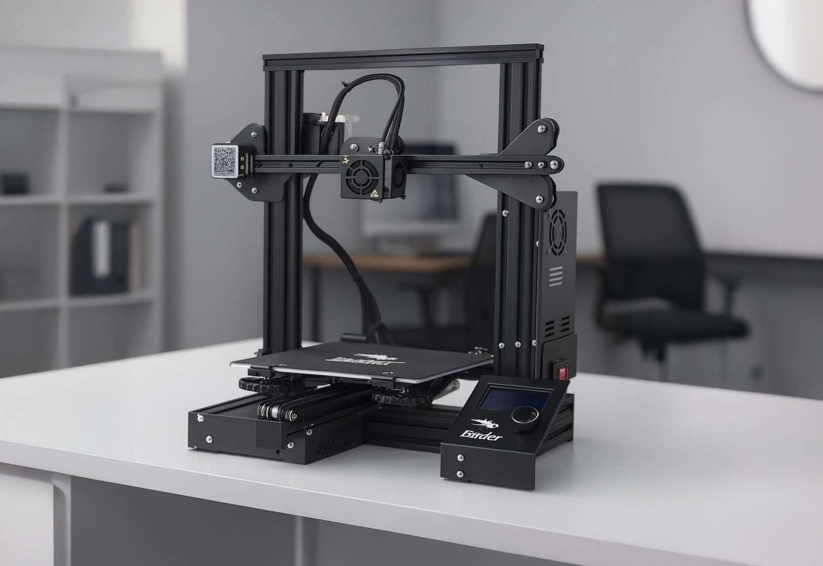 Varios insumos de impresión organizados en estanterías de almacén bien iluminado