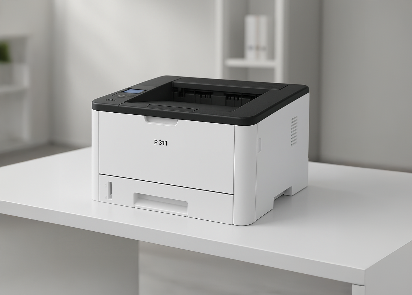 Varios insumos de impresión organizados en estanterías de almacén bien iluminado