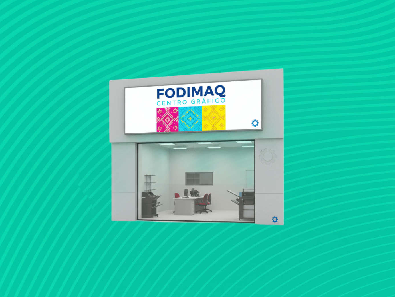 Varios insumos de impresión organizados en estanterías de almacén bien iluminado