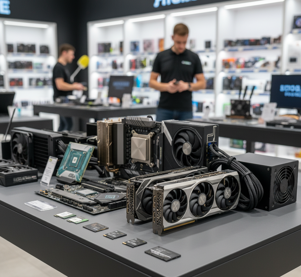 Equipo de informática moderno con pantallas de computadora y dispositivos tecnológicos en una mesa de trabajo
