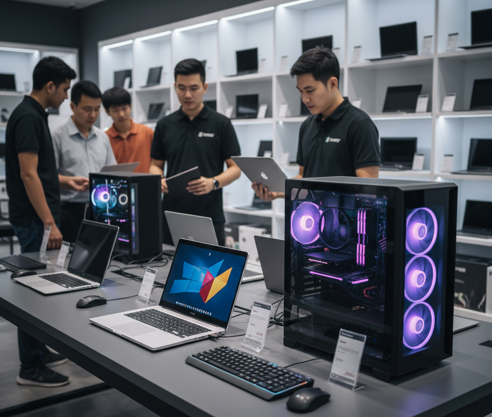 Varios insumos de impresión organizados en estanterías de almacén bien iluminado