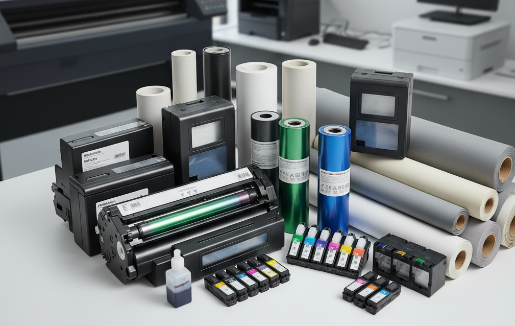 Equipos de impresión industrial trabajando en una fábrica moderna con tecnología de punta