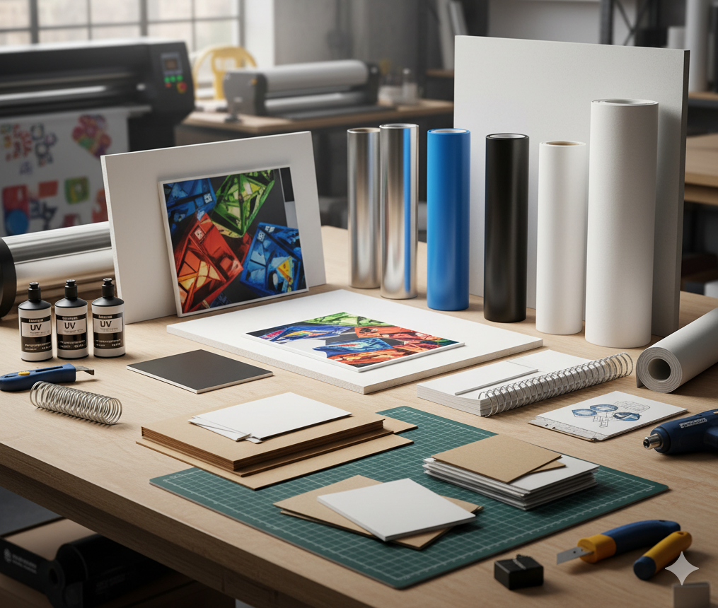 Varios insumos de impresión organizados en estanterías de almacén bien iluminado